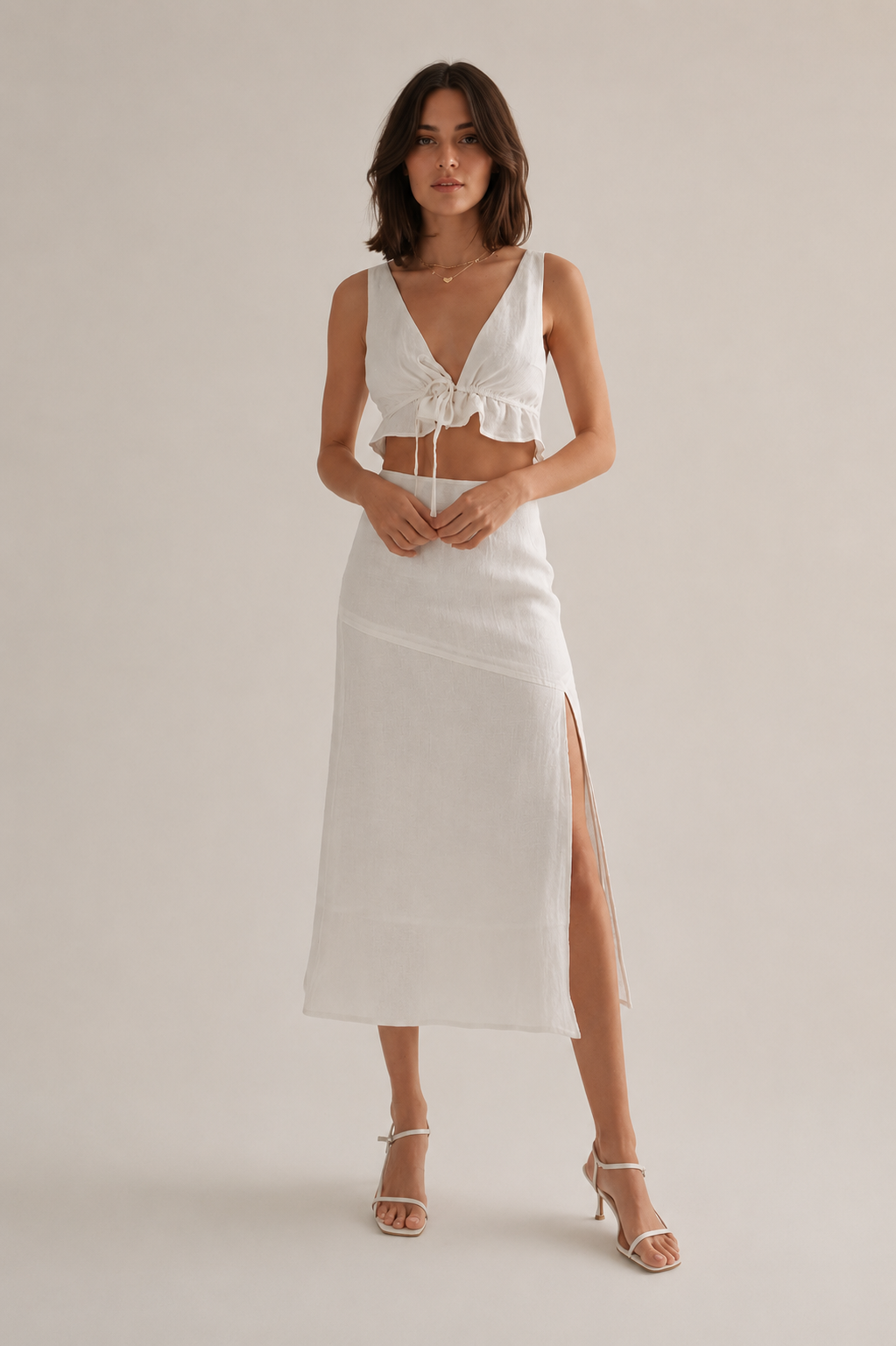 White Linen Blend Top & Slit Skirt Co-ord Set