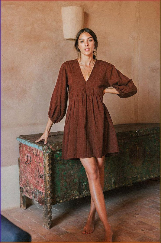 Dark Brown Balloon Sleeve Mini Dress